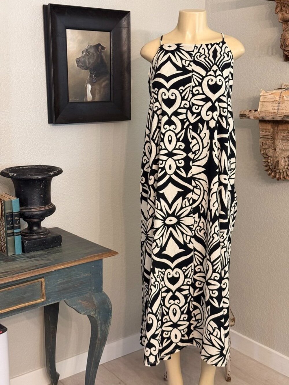 H&M Black& Bone Geometric Design Backless Spaghetti cross back Strap MAXI DRESS